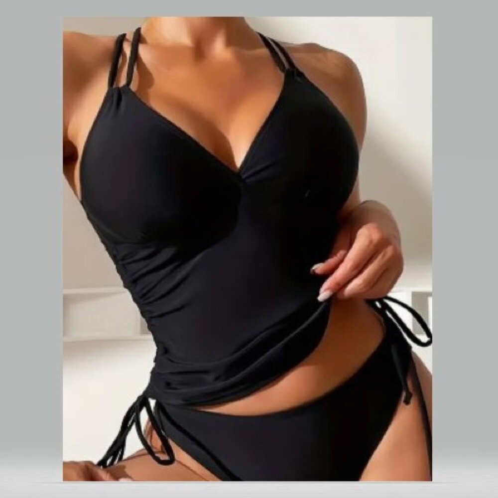 Black V-Neck Tankini Set (with adjustable draw-string sides)
